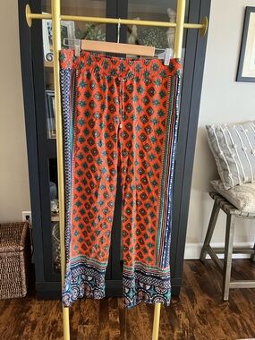 Lucy & Laurel Orange and Blue Patterned Wide-Leg Pants